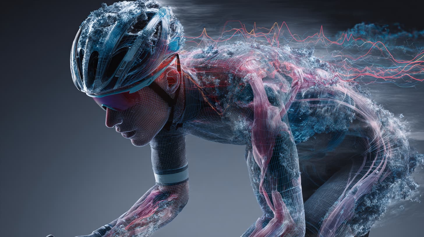 Wissenschaftliche Illustration eines Radsportlers mit visualisierten inneren physiologischen Prozessen