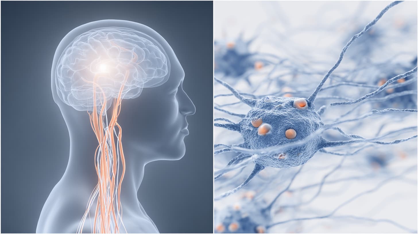 Wissenschaftliche Illustration des zentralen Nervensystems mit Gehirn und Nervenbahnen