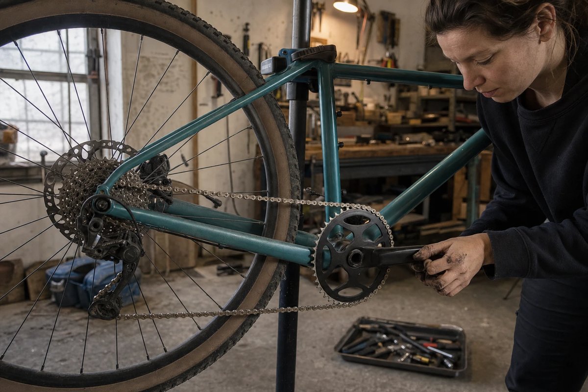 Blick von der Antriebsseite auf ein Gravelbike im Montageständer, die Kette läuft vom einzelnen Kettenblatt schräg auf ein großes Ritzel der Kassette