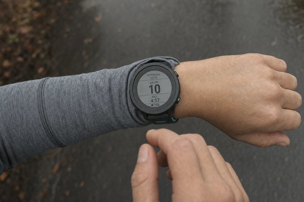 GPS-Uhr am Handgelenk einer Läuferin, das Display zeigt den Sekundenwert 10 für die all-out-Spitze des Intervalls.