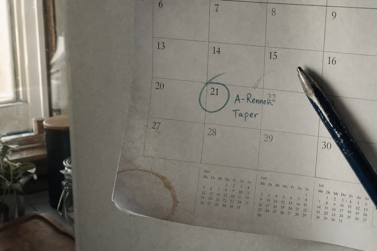 Wandkalender mit einem türkis eingekreisten Renntag und handschriftlichen Notizen A-Rennen und Taper daneben, Stift auf dem Papier
