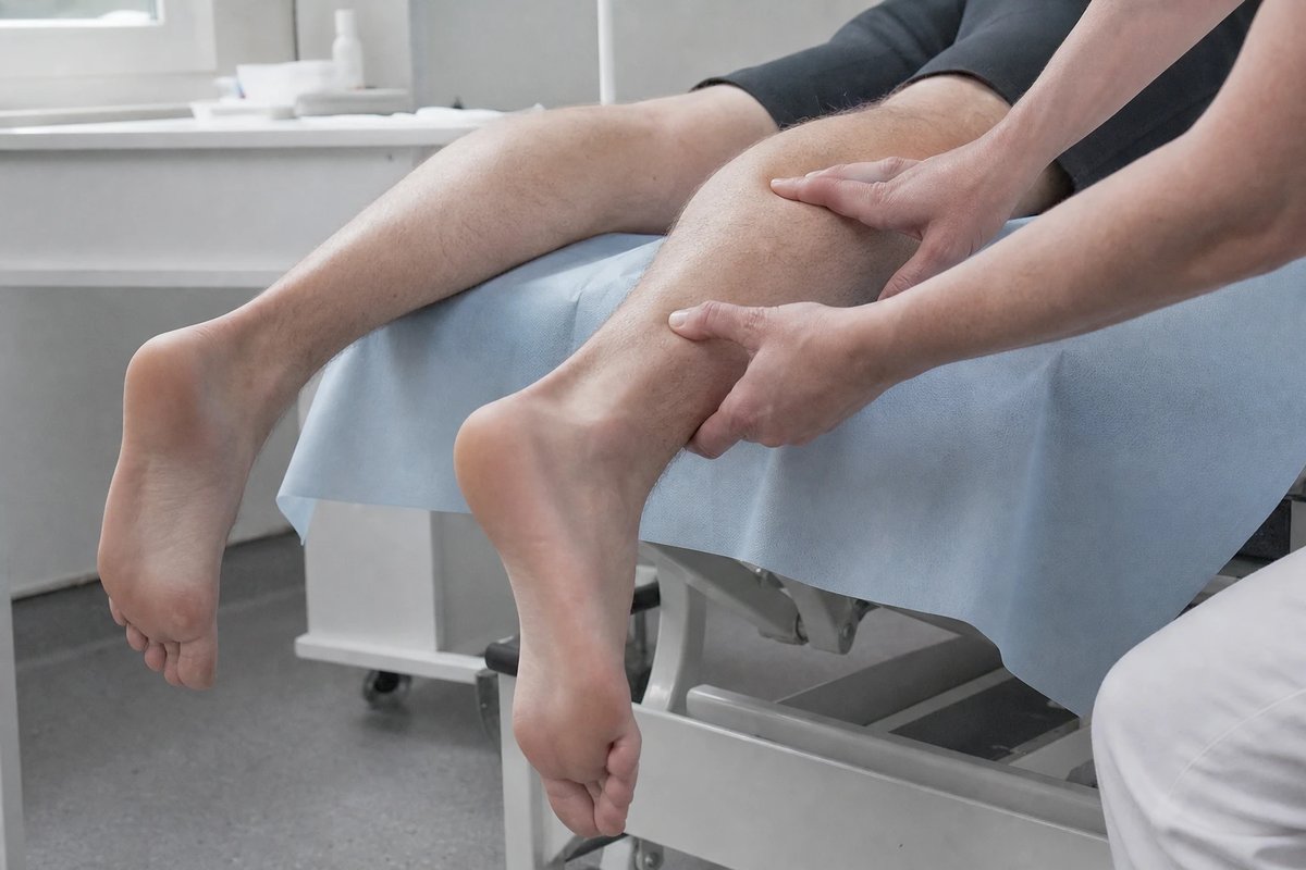 Thompson-Test in einer Praxis: Eine untersuchende Person drückt die Wade einer auf dem Bauch liegenden Person zusammen, deren Füße frei über die Liegekante hängen, und beobachtet, ob sich der Fuß nach unten bewegt