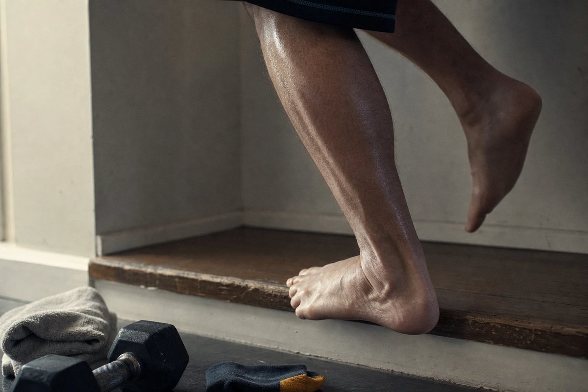 Einbeiniges Wadenheben über die Kante einer Holzstufe, die Wade unter Spannung und die Achillessehne deutlich belastet, daneben eine Kurzhantel und ein Handtuch auf dem Boden