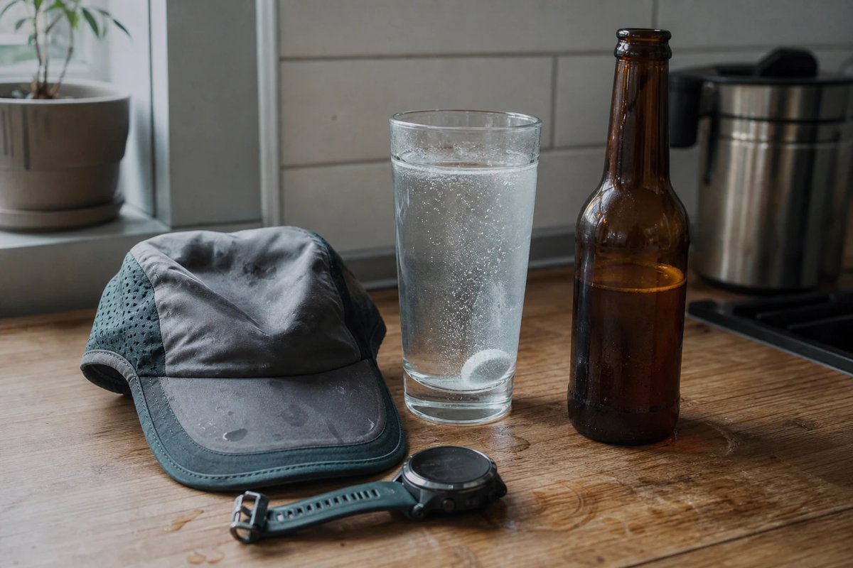 Küchentheke nach einem langen Lauf mit einem großen Glas Wasser samt sprudelnder Elektrolyt-Tablette, einer kleinen Bierflasche, einer verschwitzten Laufkappe und einer GPS-Uhr