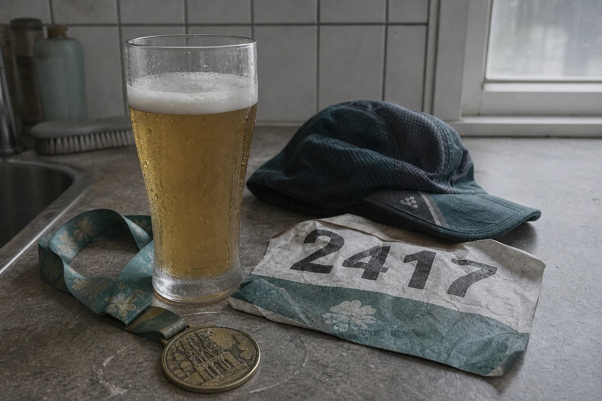 Ein Glas helles alkoholfreies Bier mit absitzender Schaumkrone auf einer Küchenarbeitsplatte, daneben eine Finisher-Medaille und eine zerknitterte Startnummer mit der Zahl 2417 sowie eine verschwitzte Laufkappe