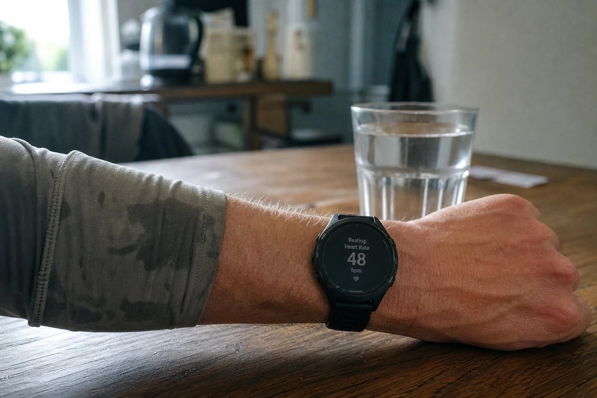Handgelenk eines Ausdauersportlers mit GPS-Sportuhr, die einen niedrigen Ruhepuls von 48 Schlägen pro Minute anzeigt, auf einem Küchentisch im Morgenlicht