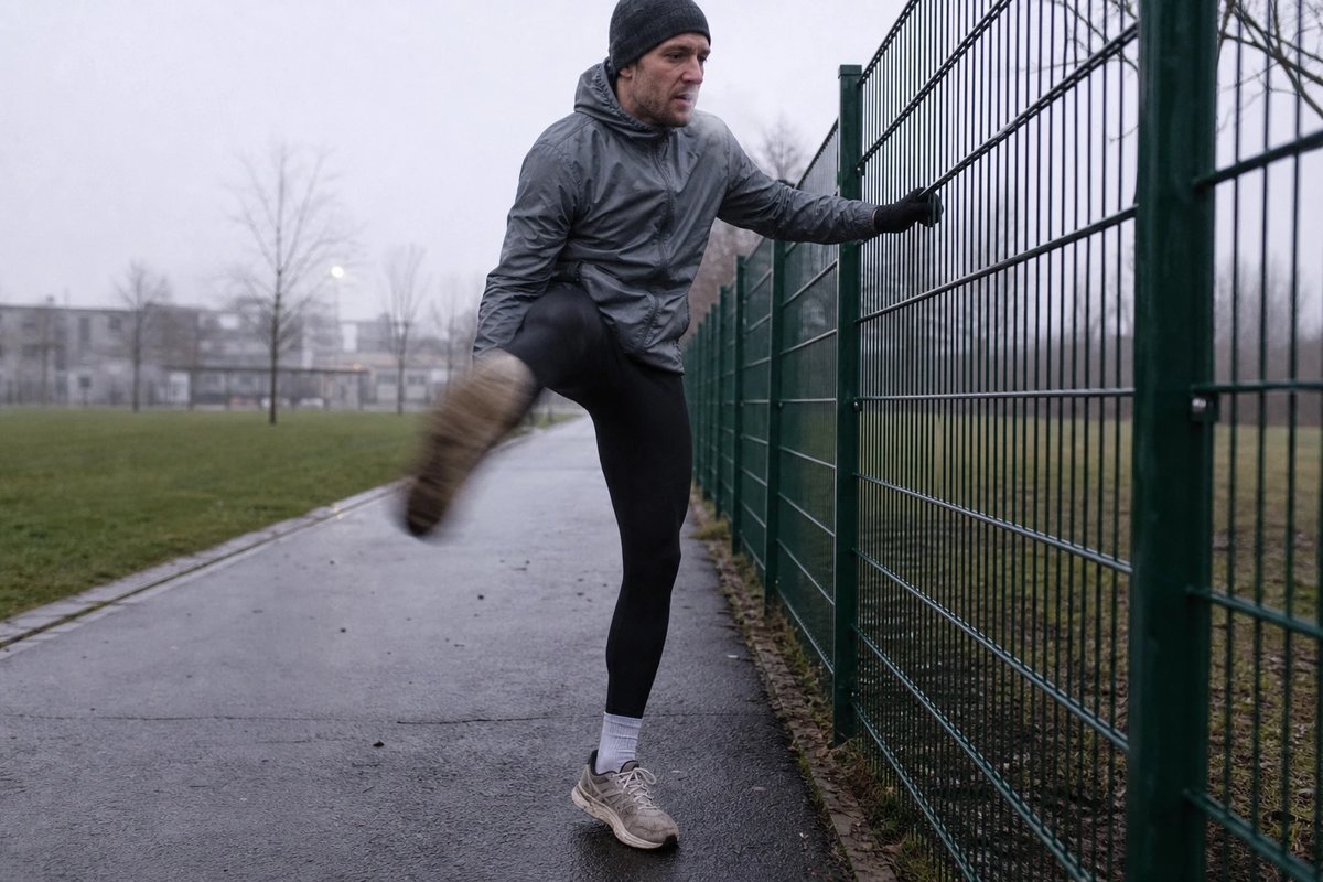 Läufer beim dynamischen Beinschwung an einem Zaun auf nassem Asphalt an einem kühlen, grauen Morgen, Atem in der kalten Luft sichtbar