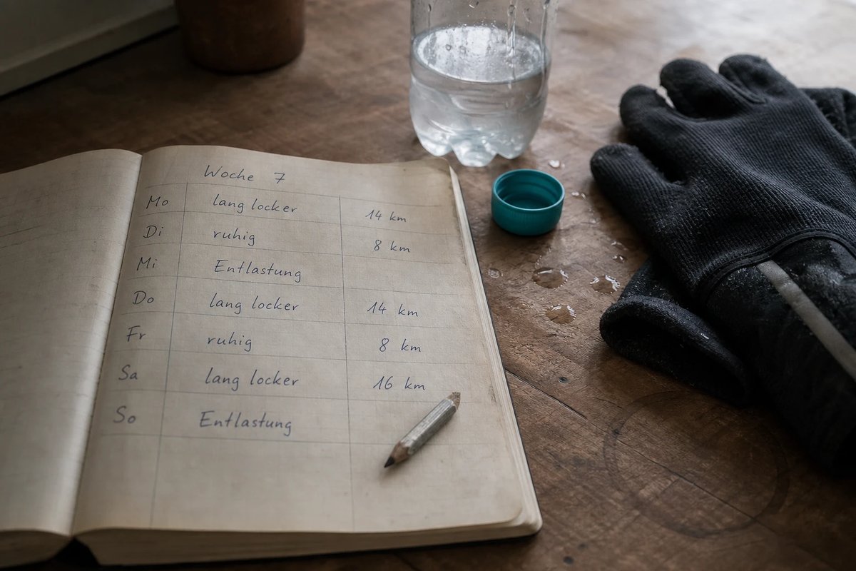 Aufgeschlagenes Trainingslogbuch auf einem Holztisch mit handschriftlichem Wochenplan, lockeren langen Einheiten und einer Entlastungswoche, daneben eine Wasserflasche und Winterhandschuhe
