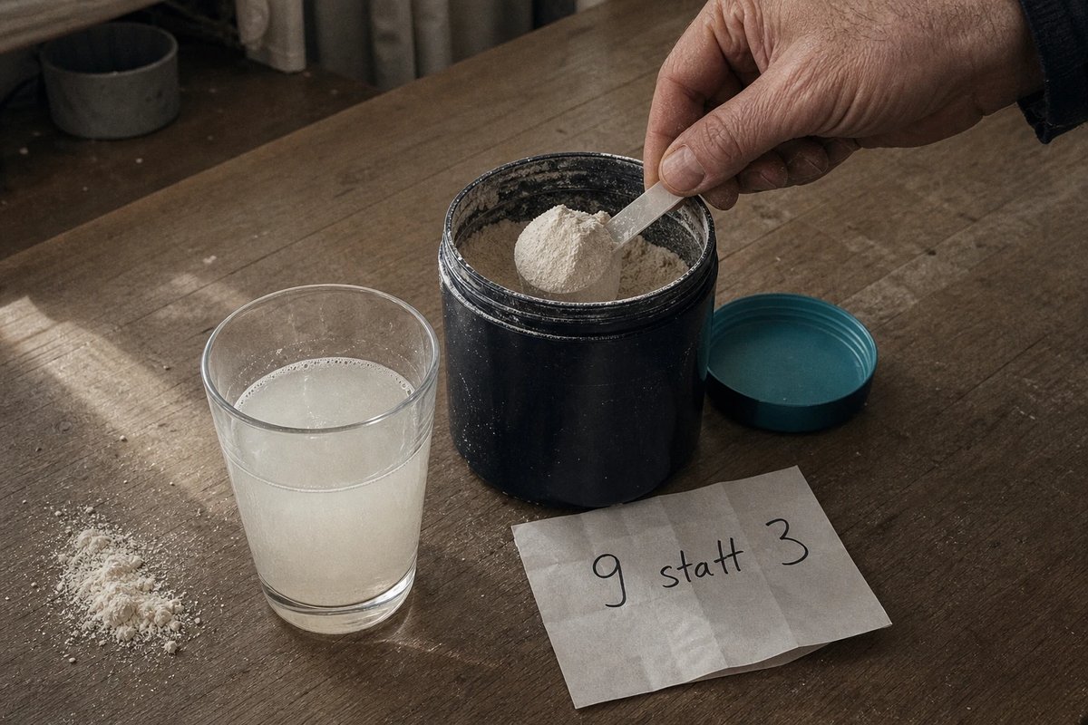 Eine Hand schöpft helles Aminosäure-Pulver aus einer offenen Dose, daneben ein Glas mit angerührtem trübem Getränk und ein Zettel mit der handschriftlichen Notiz 9 statt 3
