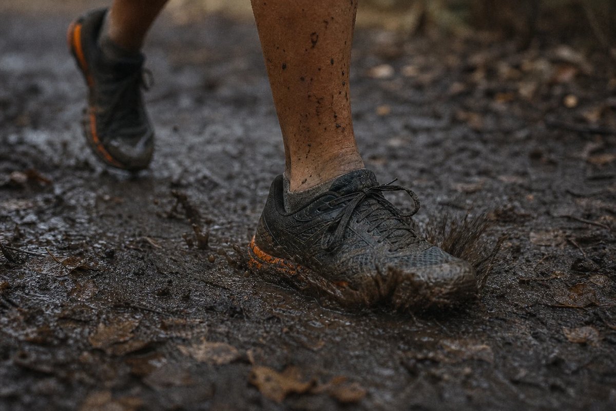 Nahaufnahme der Unterschenkel und Füße einer Läuferin im Moment des Aufpralls auf einem matschigen Waldweg, Schlamm spritzt unter dem aufsetzenden Schuh