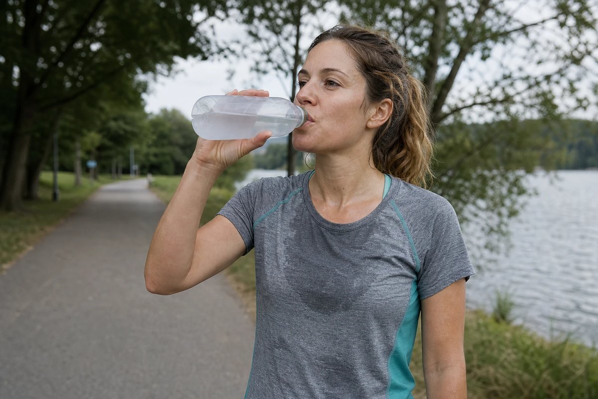 Läuferin macht während einer Trainingseinheit an einem ruhigen Uferweg eine kurze Pause und trinkt aus einer schlichten Wasserflasche