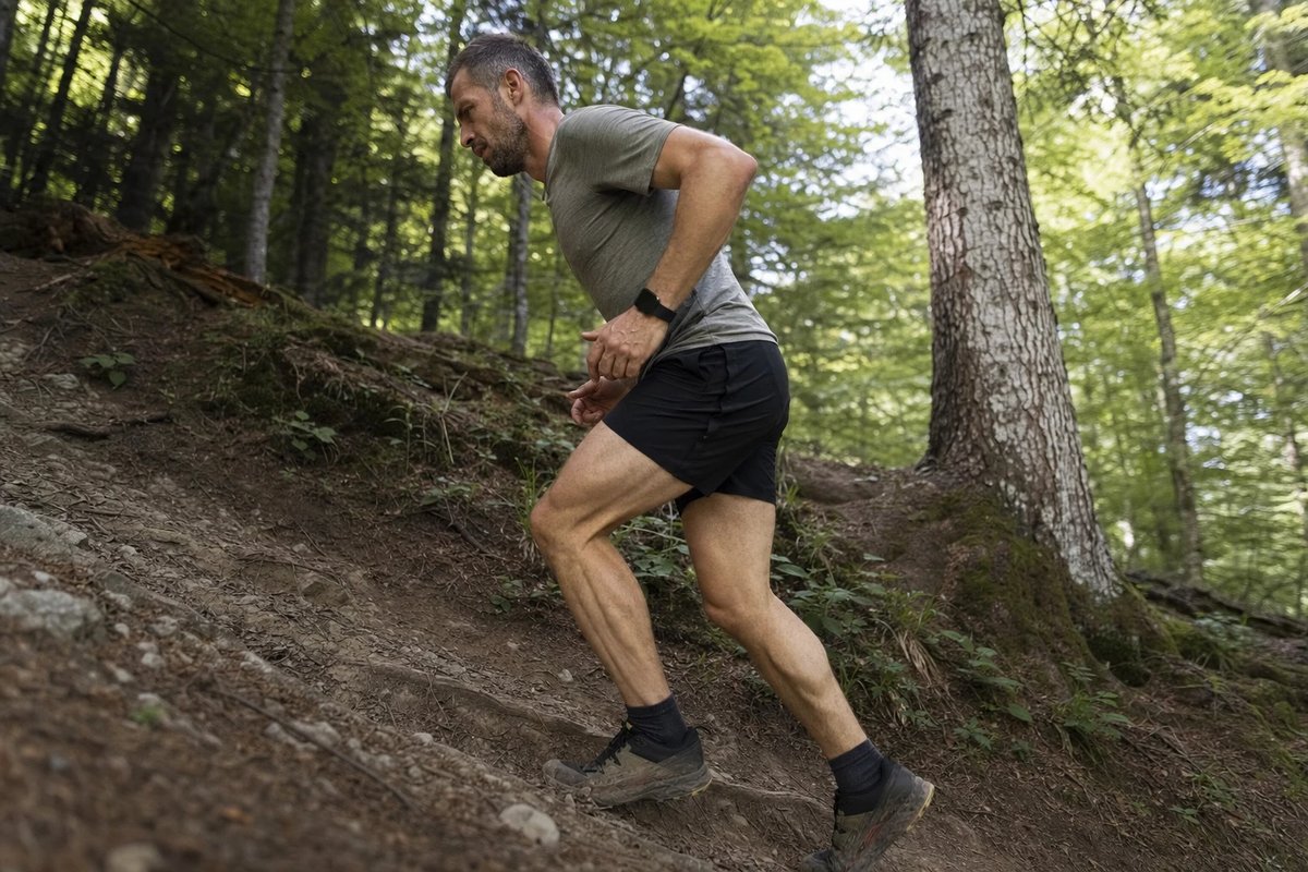 Läufer läuft mit leichter Vorlage aus dem Sprunggelenk und kurzem Schritt einen steilen Waldtrail hinauf