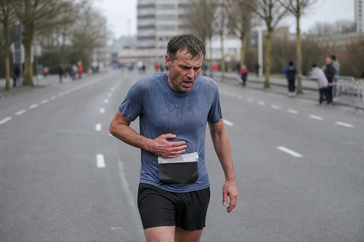 Männlicher Marathonläufer in den späten Kilometern auf flacher Stadtstraße, deutlich verlangsamt, mit erschöpftem, schmerzverzerrtem Gesicht und schweren Beinen