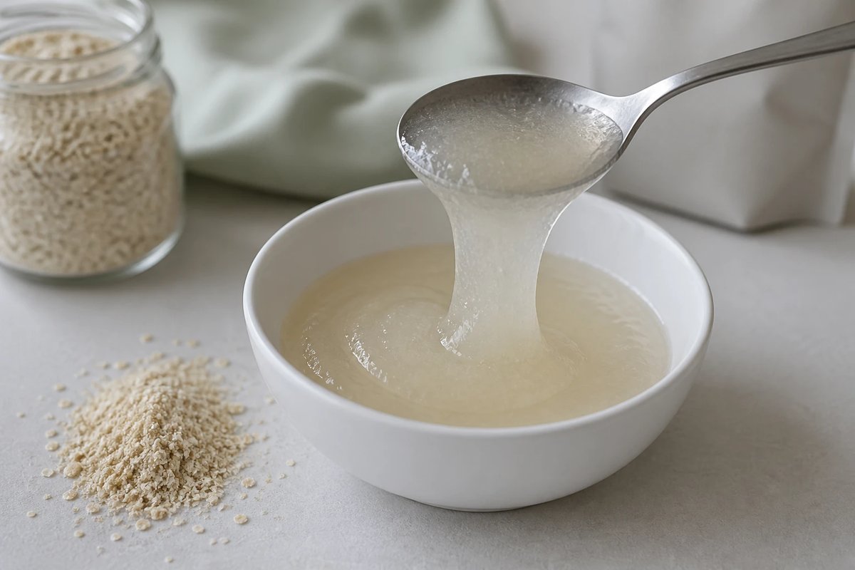 Ein Löffel hebt ein dickes, zähflüssiges, durchscheinendes Gel aus löslichem Hafer-Beta-Glucan aus einer weißen Schale, daneben etwas Haferkleie-Pulver