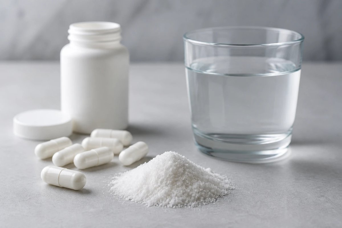 Markenneutrale schlichte weiße Kapseln und ein kleiner Haufen feines weißes Pulver auf heller Fläche, daneben ein einfaches Glas Wasser, ohne Verpackung oder Etikett