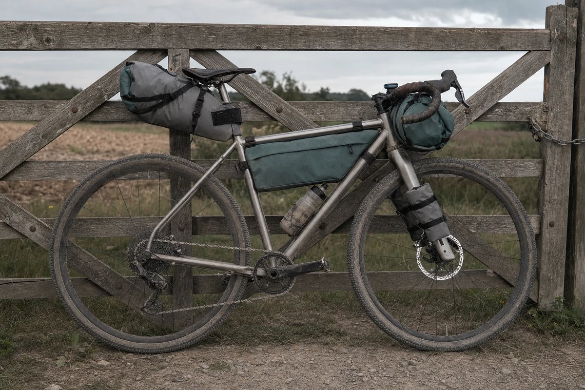Ein voll beladenes Bikepacking-Rad seitlich an einem Gatter, mit Rahmentasche im Hauptdreieck, Lenkerrolle vorn, Satteltasche hinten und einer kleinen Gabeltasche am Gabelholm