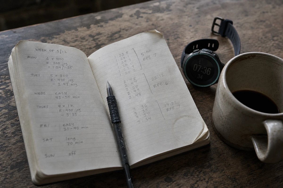 Handschriftlich beschriebenes Trainingstagebuch auf einem Holztisch mit einer Trainingswoche voller Intervalle, daneben ein Stift, eine GPS-Sportuhr und eine Tasse Kaffee