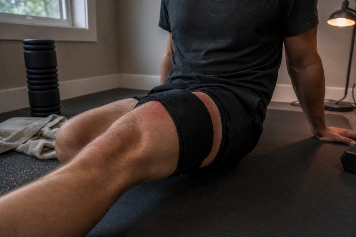 Athlet auf einer Matte in einer Heim-Gym-Ecke mit breiten Okklusionsmanschetten an beiden Oberschenkeln, daneben Faszienrolle und eine Lampe
