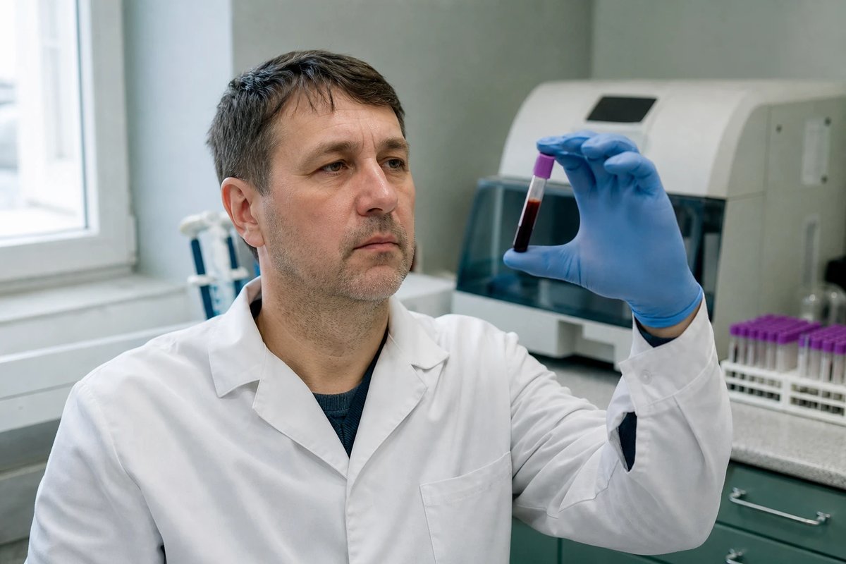 Laborant mit blauen Nitrilhandschuhen hält ein unbeschriftetes Blutröhrchen mit lila Verschluss auf Augenhöhe vor einem Analysegerät im Labor