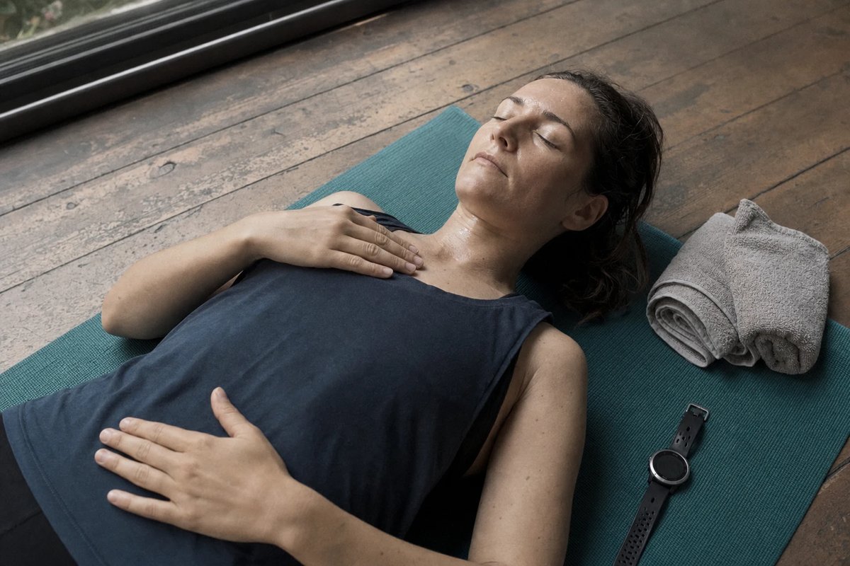 Frau in Sportkleidung liegt nach dem Training entspannt auf einer Yogamatte am Boden, eine Hand auf dem Bauch und eine auf der Brust, Augen geschlossen, während sie eine langsame Atemübung macht