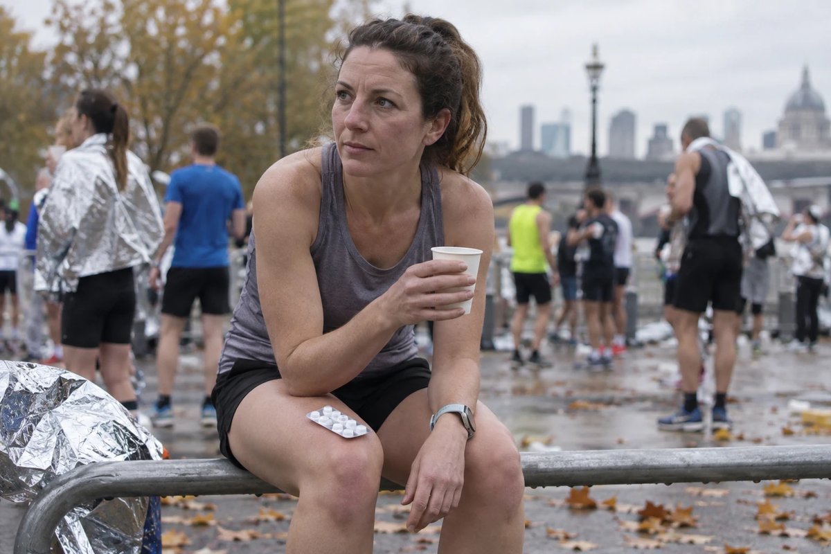 Läuferin im schlichten grauen Trägershirt sitzt nach einem Stadtmarathon auf einer Absperrung im Zielbereich, hält einen Pappbecher Wasser und hat einen unbedruckten Blisterstreifen mit Kapseln auf dem Knie liegen