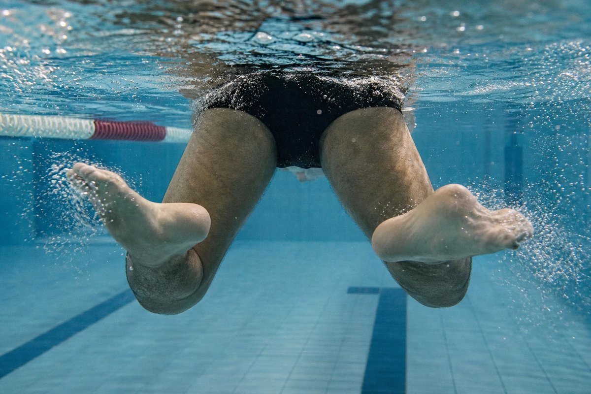 Unterwasseransicht der Beine eines Brustschwimmers im Whip Kick, die Knie angezogen und die Füße nach außen gedreht kurz vor dem Zusammenschlag