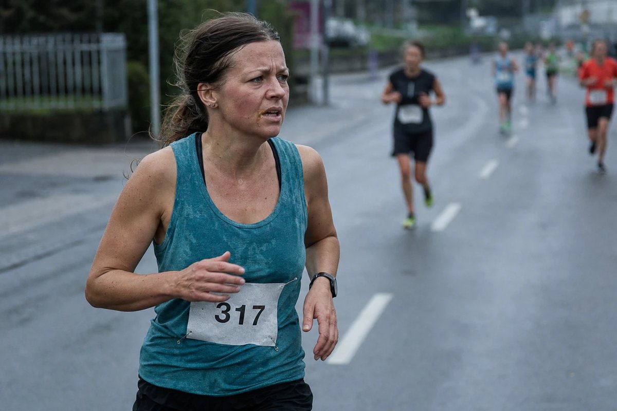 Freizeitläuferin im teal Singlet kämpft sich auf nasser Straße durch die späten Kilometer eines Straßenrennens, mit angestrengtem Gesicht und anderen Läufern verschwommen im Hintergrund