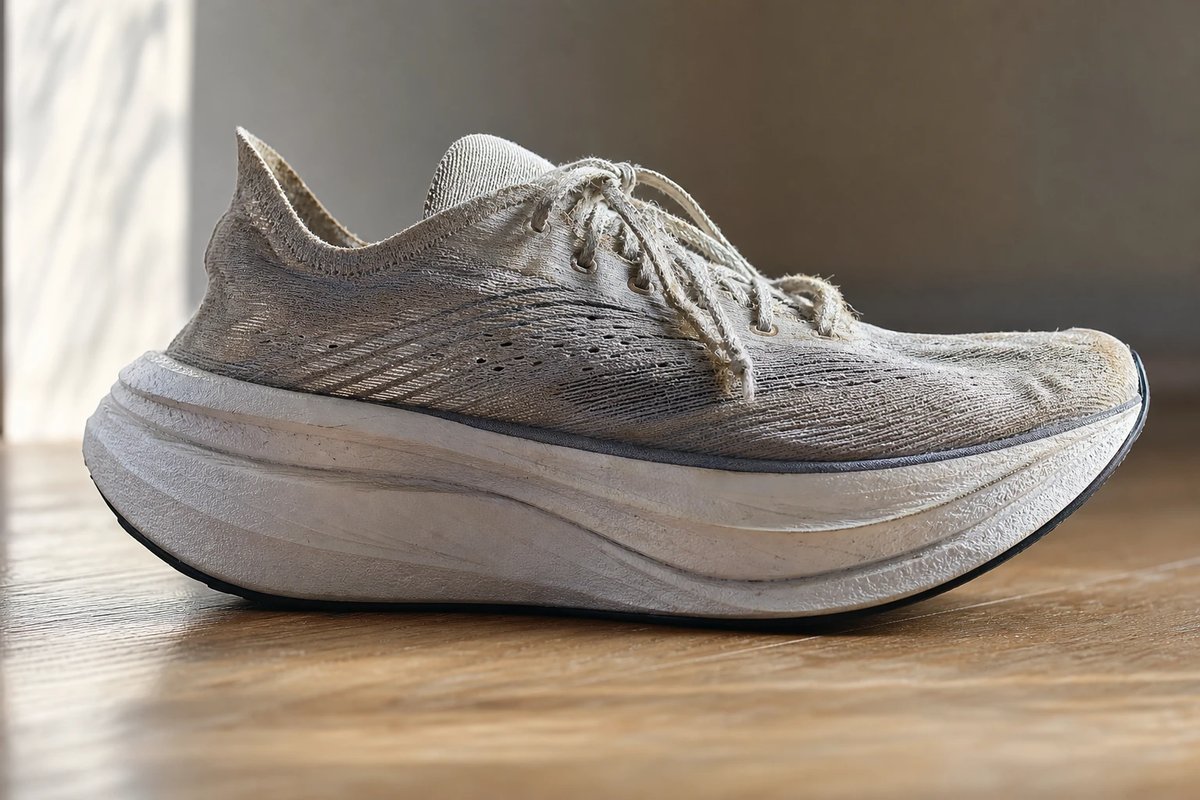 Seitliches Profil eines Carbon-Laufschuhs mit dicker, gestapelter Schaumsohle und ausgeprägter Rocker-Geometrie auf einem Holzboden