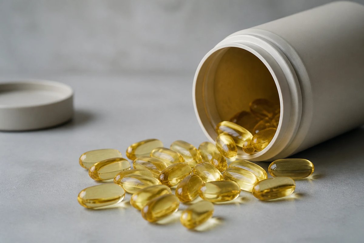 Markenneutrale durchsichtige Softgel-Kapseln mit goldenem Öl, die aus einer schlichten weißen Dose auf eine helle graue Fläche rollen, ohne Etikett oder Beschriftung