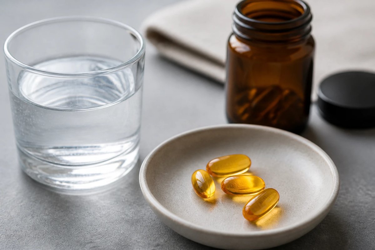 Einige schlichte bernsteinfarbene Weichkapseln auf einem hellen Keramikteller neben einem Glas Wasser auf neutraler Fläche, markenneutrale Darstellung