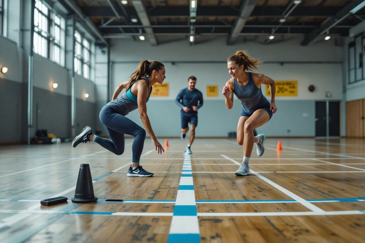 Drei Athleten in einer Sporthalle führen einen 20-Meter-Beep-Test durch, zwei berühren an der Wendelinie den Boden, während eine Person dazwischen läuft