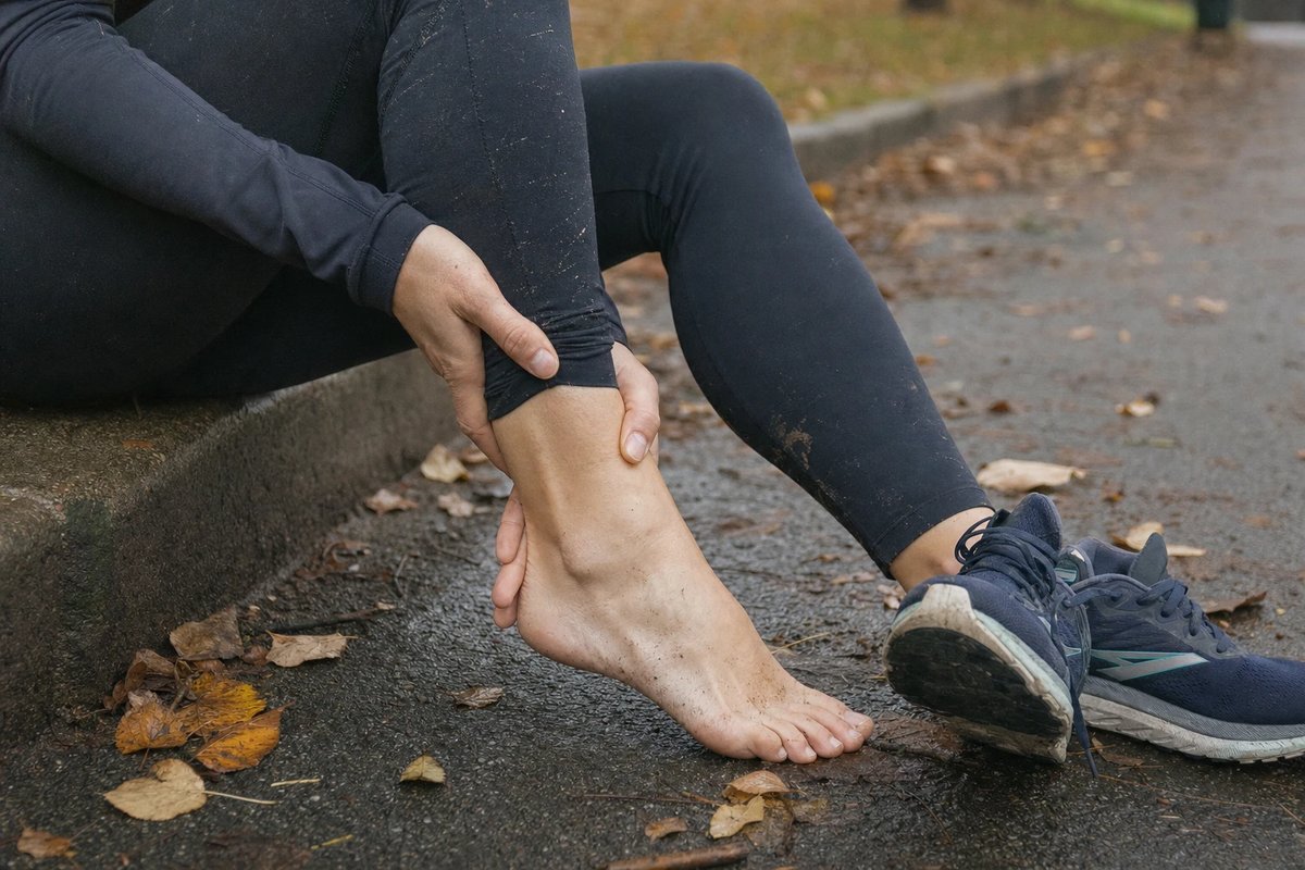 Läuferin sitzt nach einem langsamen Lauf am Wegrand auf einer Bordsteinkante, ein Schuh ausgezogen, und hält sich mit beiden Händen das schmerzende Schienbein und den Knöchel