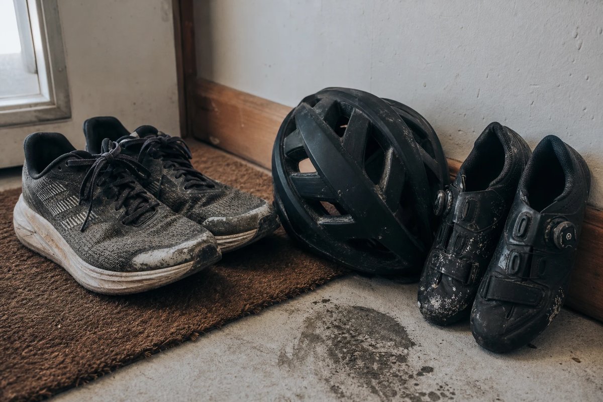 Abgetragene Laufschuhe auf einer Fußmatte neben einem Fahrradhelm und Rennradschuhen an einer Flurwand, die zwei Welten eines Cross-Training-Athleten nebeneinander