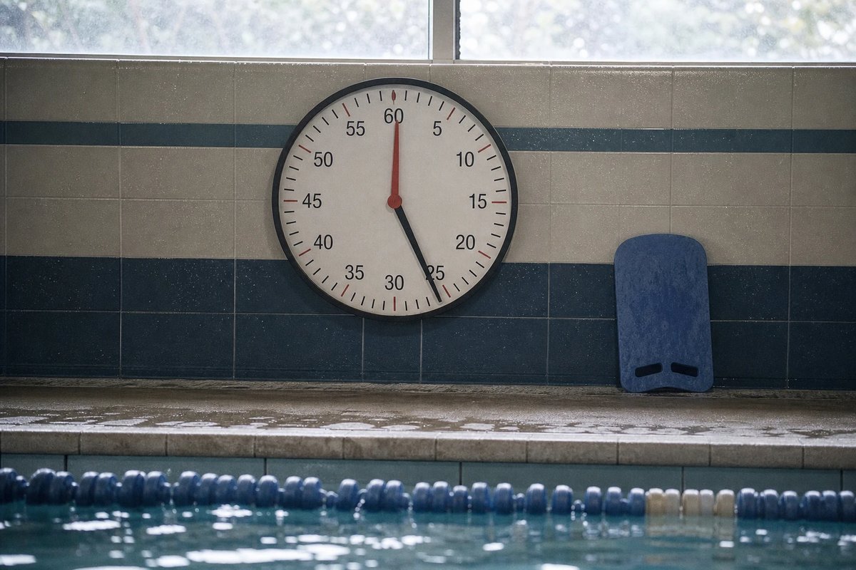 Große analoge Pace-Clock an der Wand am Beckenrand einer Schwimmbahn, die Zeiger gut lesbar und aufrecht zur schwimmenden Person ausgerichtet, daneben ein angelehntes Schwimmbrett