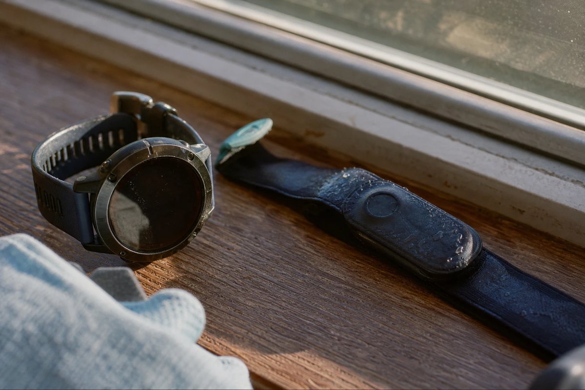 Eine GPS-Sportuhr und ein verschwitzter Brustgurt-Herzfrequenzsensor trocknen nach einer harten Einheit auf einer sonnigen hölzernen Fensterbank, mit feinen Salzkrusten am Gurt