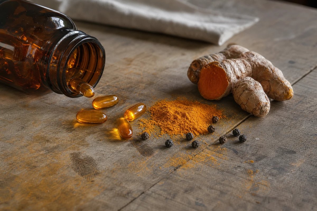 Eine geöffnete Flasche mit goldenen Curcumin-Kapseln neben gemahlener Kurkuma, schwarzen Pfefferkörnern und einer aufgeschnittenen frischen Kurkuma-Wurzel auf einem Holztisch