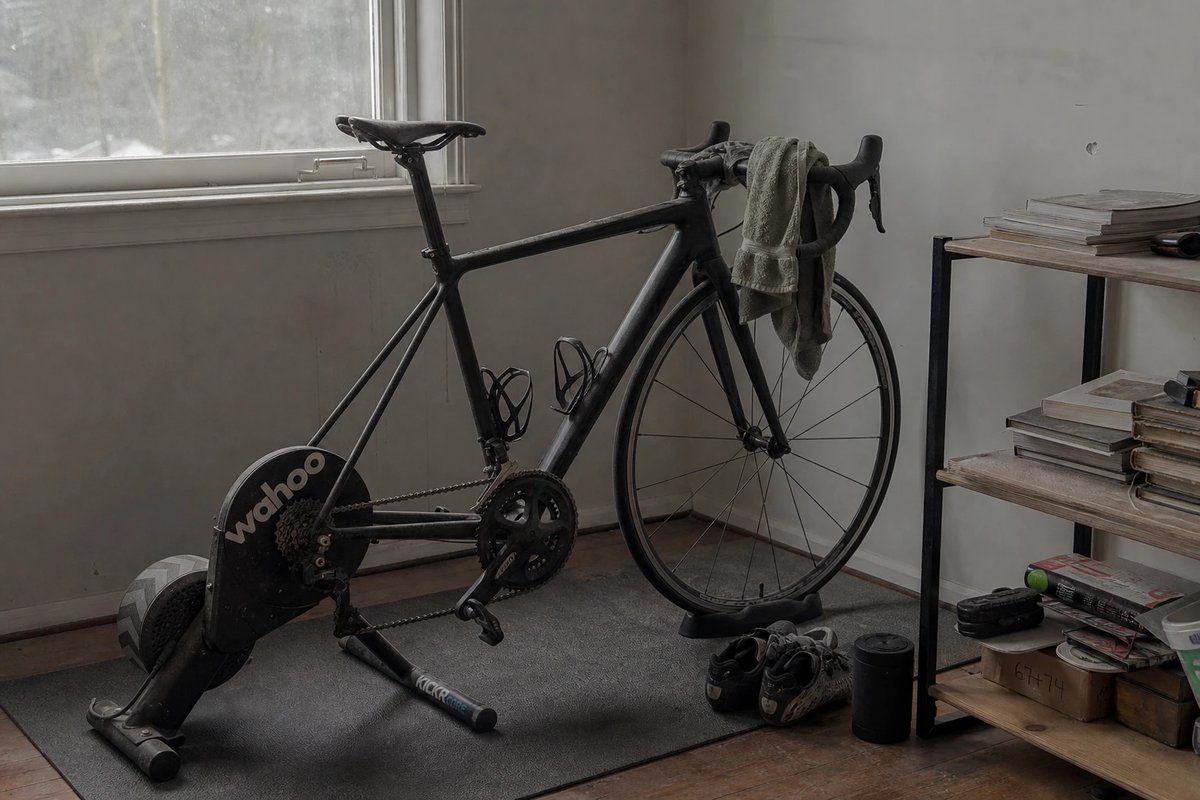 Ein Rennrad steht ungenutzt auf einem Indoor-Smarttrainer in einer Wohnzimmerecke, ein Handtuch über dem Lenker, gedämpftes Tageslicht durch ein Fenster
