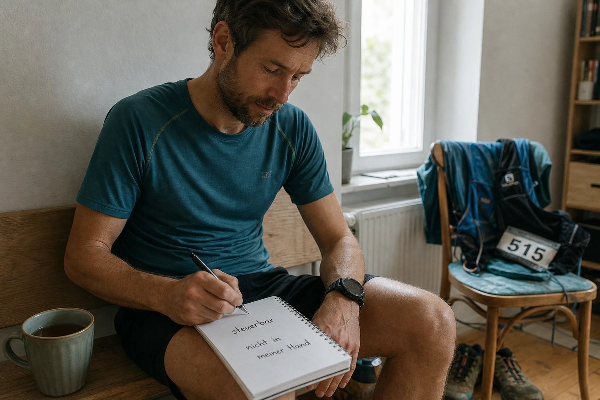 Läufer sitzt einen Tag nach dem Rennen zu Hause auf einer Bank, ein Trainingsnotizbuch auf dem Knie mit den handschriftlichen Worten steuerbar und nicht in meiner Hand, daneben eine Tasse Tee und seine Startnummer auf einem Stuhl