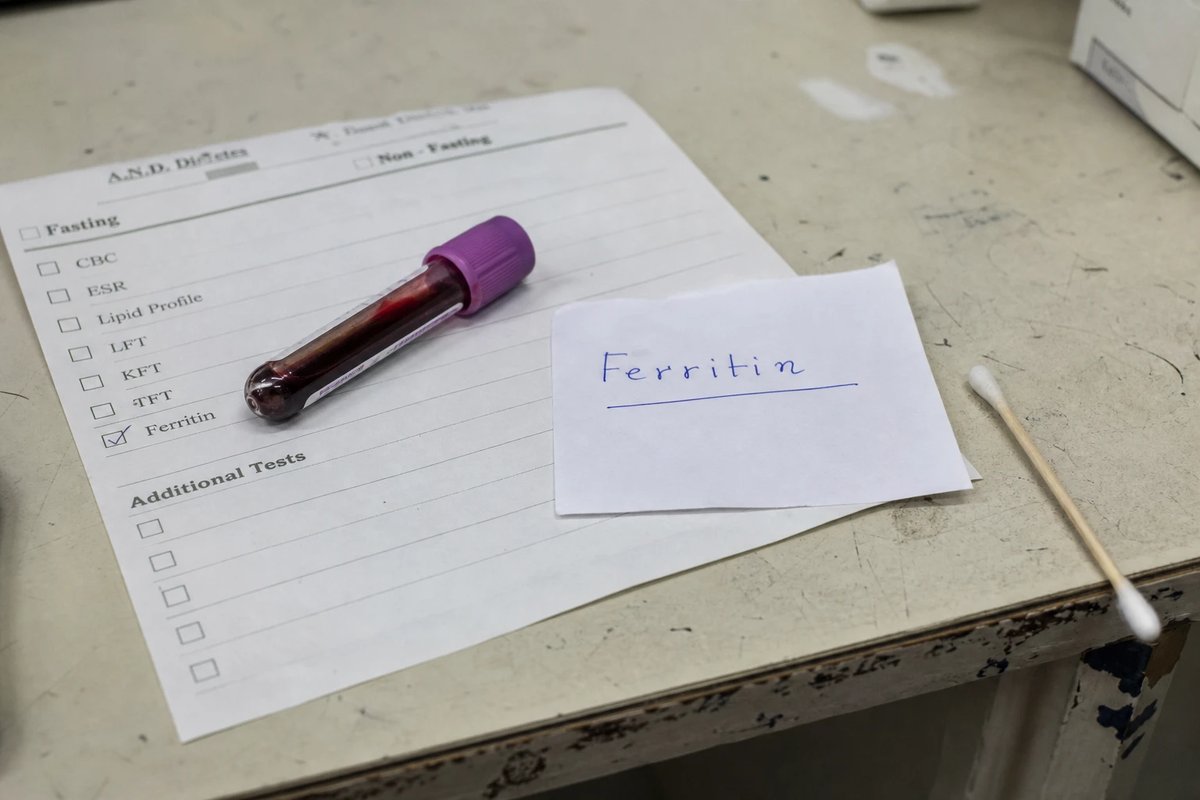 Blutröhrchen auf einem Laborformular, auf dem das Feld Ferritin angekreuzt ist, daneben ein handgeschriebener Zettel mit der Aufschrift Ferritin und ein Wattestäbchen