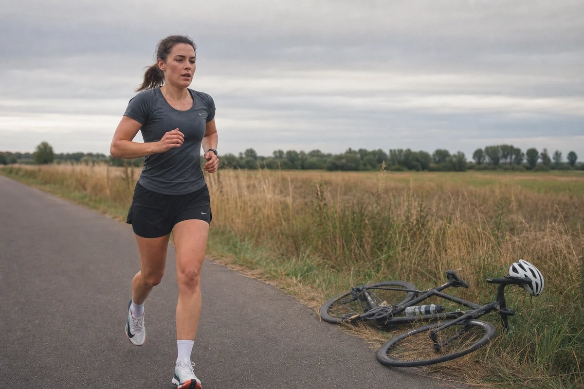 Eine Frau läuft auf einem ruhigen Asphaltweg in den ersten Schritten direkt nach dem Radfahren, ihr Rennrad liegt mit umgehängtem Helm im Gras am Bildrand