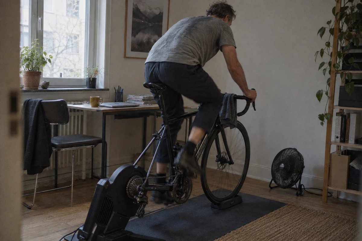 Mann in grauem T-Shirt und Alltagshose tritt auf einem Rad im Smarttrainer in der Ecke eines Arbeitszimmers, von hinten fotografiert, im Hintergrund Schreibtisch mit zugeklapptem Laptop und Kaffeetasse