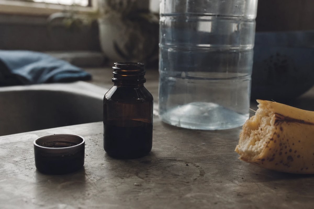 Kleines dunkles Dosierfläschchen mit Messkappe auf einer abgenutzten Küchenarbeitsplatte neben einer gefüllten Wasserflasche und einer halb gegessenen Banane