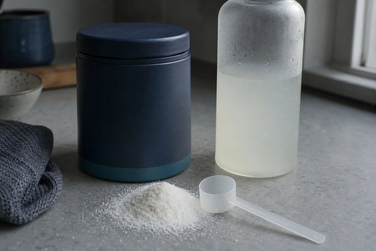 Unbeschriftete Supplement-Dose in Navy mit türkisem Boden, daneben ein kleiner Haufen weißes Pulver, ein Messlöffel und eine matte Trinkflasche mit einem trüben, hellen Getränk auf einer grauen Küchenarbeitsplatte