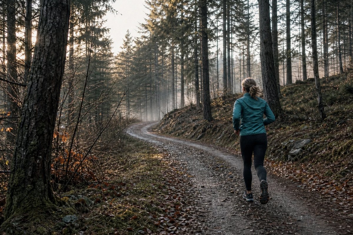Läuferin auf einem geschwungenen Waldweg im weichen Morgenlicht, von hinten aufgenommen, zwischen hohen Kiefern mit Nebel zwischen den Stämmen