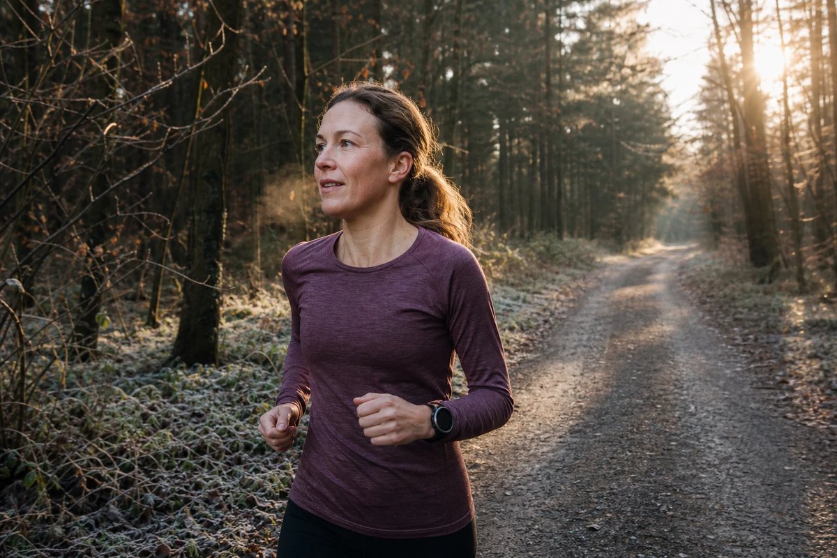 Läuferin auf einem ruhigen Waldweg kurz nach Sonnenaufgang bei einem lockeren Nüchternlauf vor dem Frühstück, entspanntes gleichmäßiges Tempo mit GPS-Uhr am Handgelenk