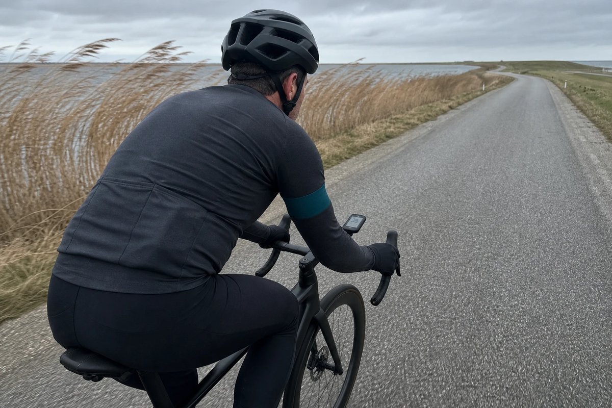 Blick über die Schulter eines Rennradfahrers mit geschlossenem Helm auf einem windigen Deichweg, das Schilf am Wegrand biegt sich seitlich, am Vorbau zeigt ein Radcomputer 38 km an