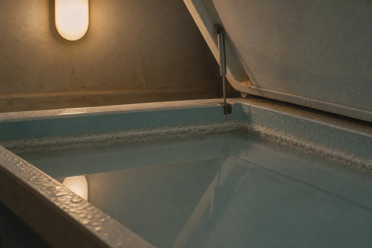Nahaufnahme der Innenecke eines offenen Float-Tanks mit flacher, hochkonzentrierter Salzsole und einer Kruste aus getrocknetem Bittersalz an der Wasserlinie im gedämpften warmen Licht