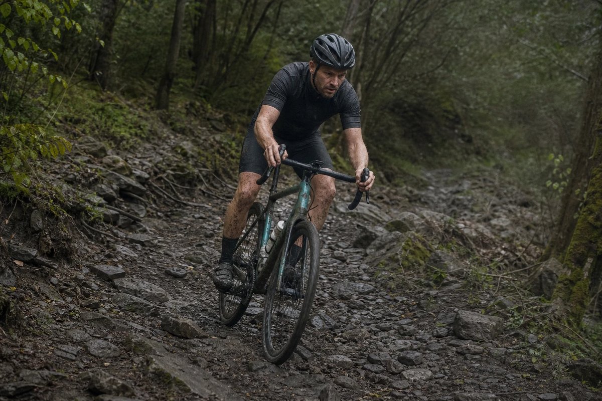 Gravel-Radfahrer fährt mit voller Konzentration und beiden Händen am Lenker durch einen technischen, felsigen Waldabschnitt, der seine ganze Aufmerksamkeit auf die Linie verlangt