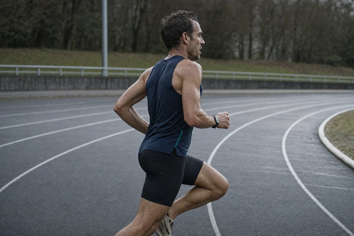 Läufer in dunklem Singlet mitten in einer harten 1000-Meter-VO2max-Wiederholung auf einer Tartanbahn an einem bedeckten Morgen, von hinten und der Seite gesehen, mit kräftigem Kniehub
