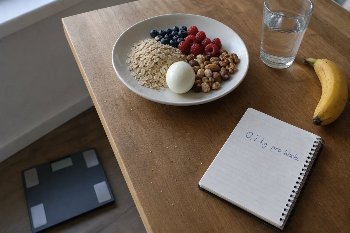 Küchentheke am Morgen mit einer ausgewogenen Schale Haferflocken, Beeren, Nüssen und einem gekochten Ei, daneben ein Notizbuch mit der handschriftlichen Zeile 0,7 kg pro Woche und eine Personenwaage in der Ecke